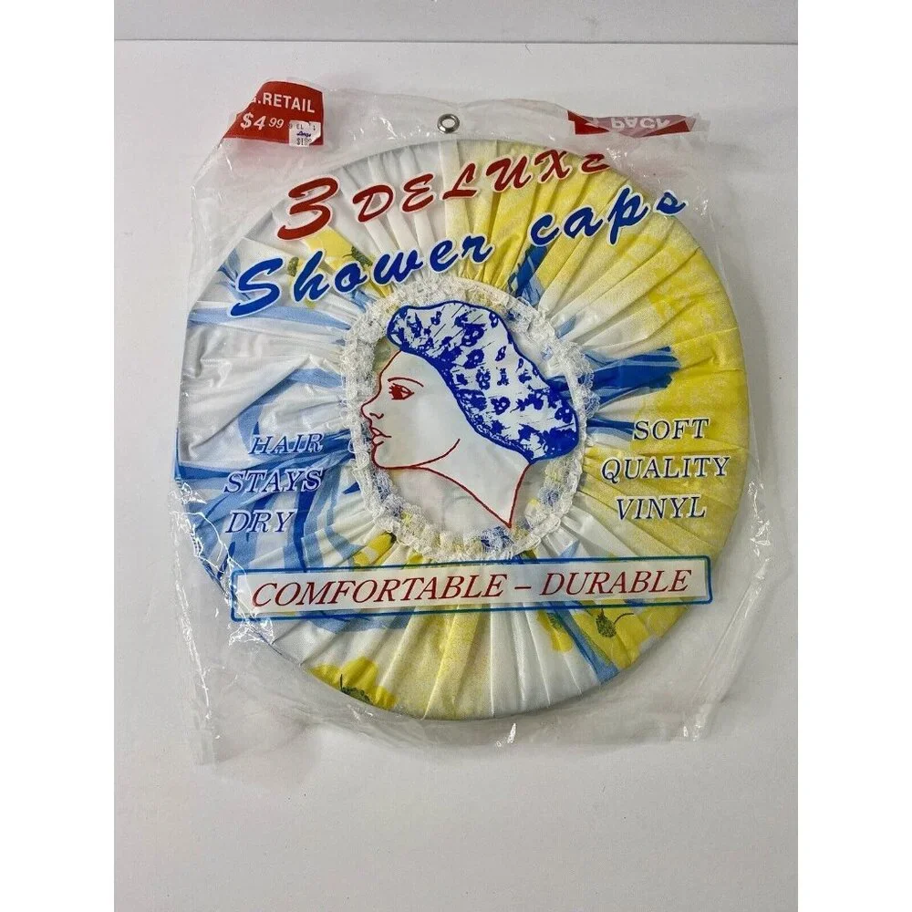 3 Pack Deluxe Shower Caps Vinyl Durable Comfortable Floral Design Blue Yellow